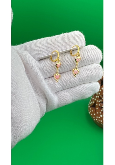 Kadın Gold Renk Kalpli Küpe Pembe