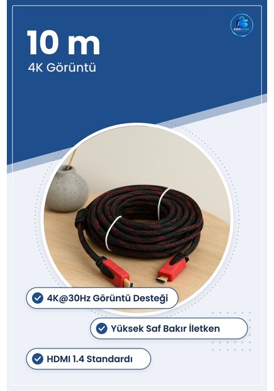 Hdmı Kablo 10 M Örgülü V1.4 4k 3d 1080p Bakır Ses Görüntü Kablosu