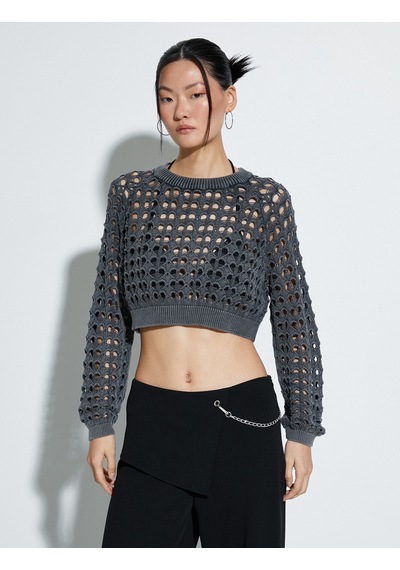 Koton Ajurlu Crop Kazak Bisiklet Yaka Uzun Kollu Antrasit 4sak90069ht Antrasit