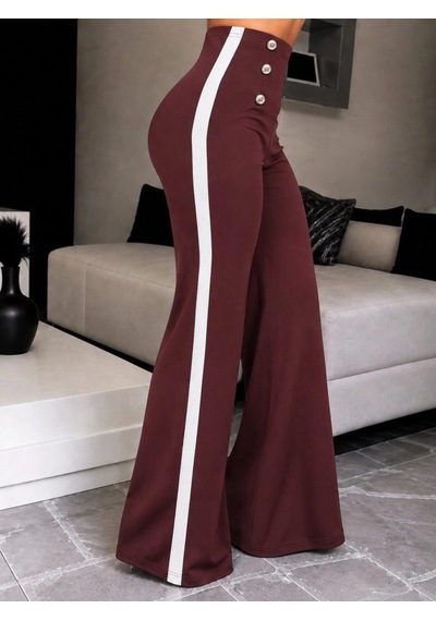 Zennamoda Kadın Yüksel Bel Düğmeli Yandan Şerit Detaylı Paçaya Doğru Genişleyen Ithal Krep Pantolon Pembe