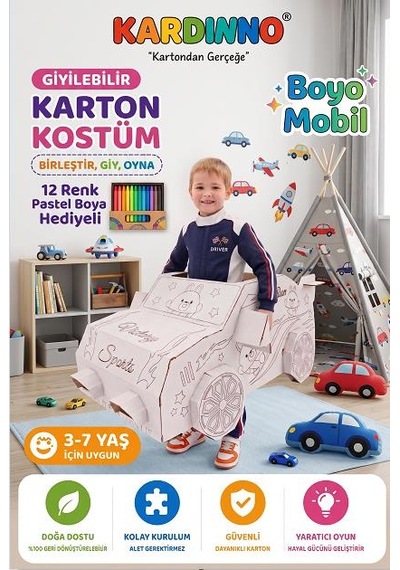 Kardinno Giyilebilir Karton Araba Kostümü Boyo Mobil - Çocuk Araba Boyama Maketi Pastel Boya Hediyeli Beyaz