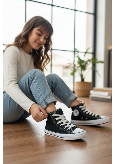 Enoch Kadın Boğazlı Bilekli Canvas Ve Bez Bağcıklı Rahat Günlük Sneaker Spor Ayakkabı Siyah Beyaz