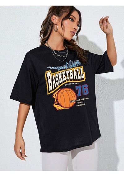 Flood Of Style Kadın Siyah Basketball Tournament Baskılı Oversize Tişört