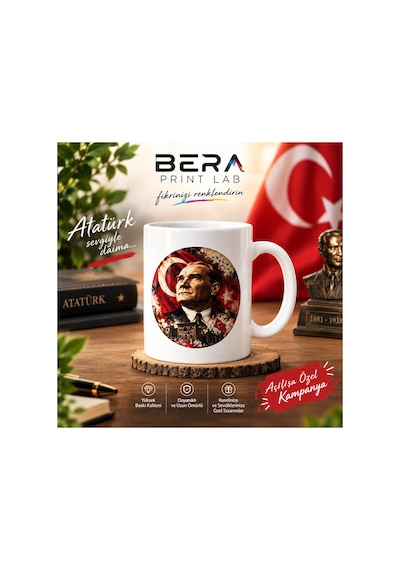 Bera Print Lab Atatürk Ve Türk Bayrağı Tasarımlı Beyaz Seramik Kupa Bardak Beyaz - 936119949 Beyaz