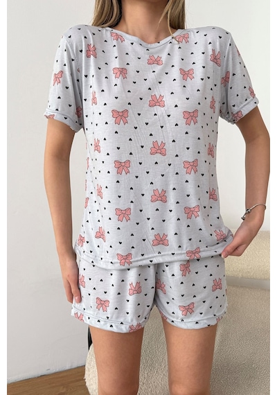 Giysa Kadın Bisiklet Yaka Fiyonk Desenli Şortlu Pijama Takımı Gri - 26y 2054