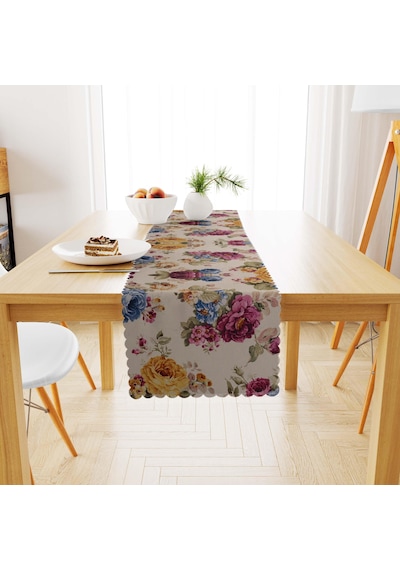 Büyük Gül Desenli Sarı Mürdüm Dijital Baskılı Süet Dokuma Runner 40x140