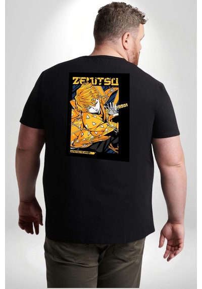 Angemiel Zenitsu Agatsuma Anime Büyük Beden Siyah Tişört Kadın Erkek Ünisex Sırt Baskılı Siyah