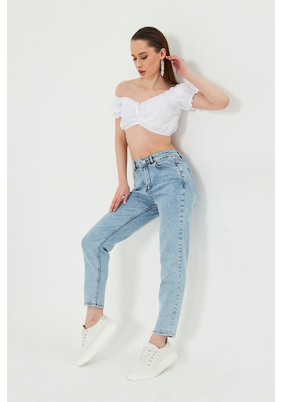 Kutaf Kar Yıkama Açık Mavi Slim Fit Mom Jean Açık Mavi
