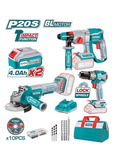 Total P20S 240202 3'lü Set Akülü Taşlama + Akülü Vidalama + Akülü Kırıcı