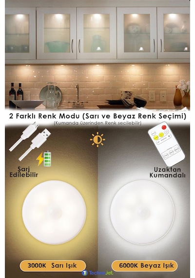 Technojet 3 Adet Akıllı Hareket Sensörlü Uzaktan Kumandalı USB Şarjlı Kablosuz Spot Led Gece Lambası