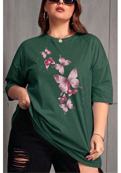 Kelebek Baskılı Kadın Büyük Beden Battal Bisiklet Yaka Pamuklu T-shirt Rahat Kesim Yesıl