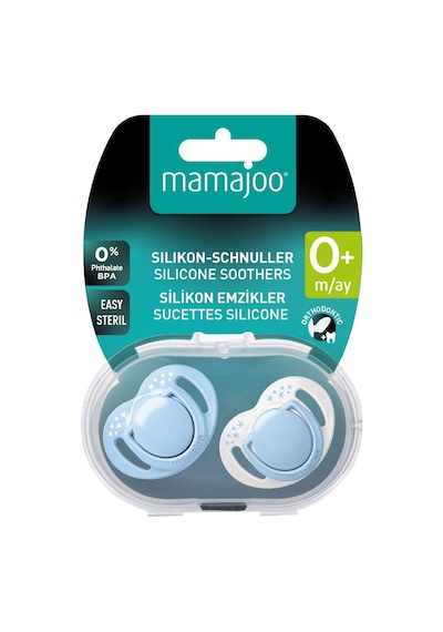 Mamajoo Ortodontik Emzik Seti 0 Ay+ Powder Blue | İkili, Silikon, Damaklı | Sterilizasyon & Saklama Kabı