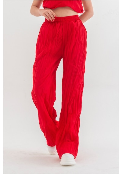 Bold & Young Kraşlı Cepli Beli Lastikli Viskon Polyester Dokuma Pantolon Kırmızı