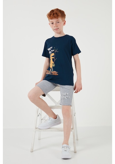 Lela Pamuklu Regular Fit Bisiklet Yaka Şortlu Alt-Üst Erkek Çocuk Takım 6212009 Indigo