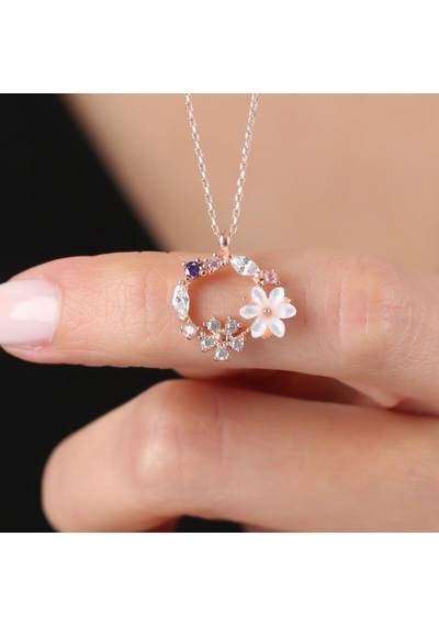 Mia vento Bahar Bahçesi Manolya Çiçeği Rose Renk Flowers Gümüş Kolye