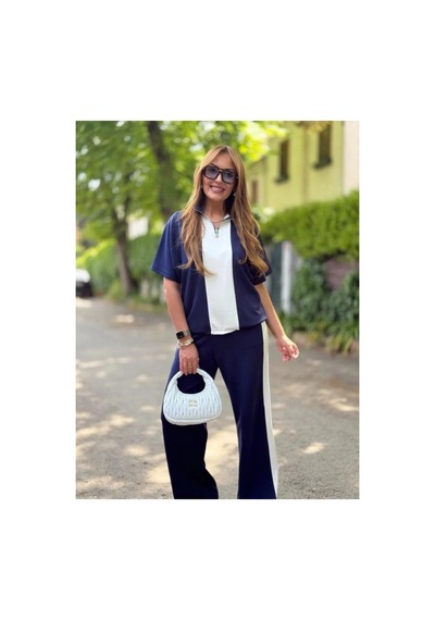 Butik İstanbul Kadın Modal Kumaş Yakası Fermuarlı Şerit Detaylı Takım Lacivert