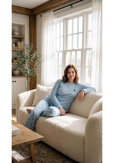 Eyfuze Kadın Kışlık Büyük Beden Nakışlı Desenli Yakası Düğmeli Uzun Kollu Pijama Takımı Mavi - Siyah Eyfuze Kadın Kışlık Büyük Beden Nakışlı Desenli Yakası Düğmeli Uzun Kollu Pijama Takımı Mavi - Siyah