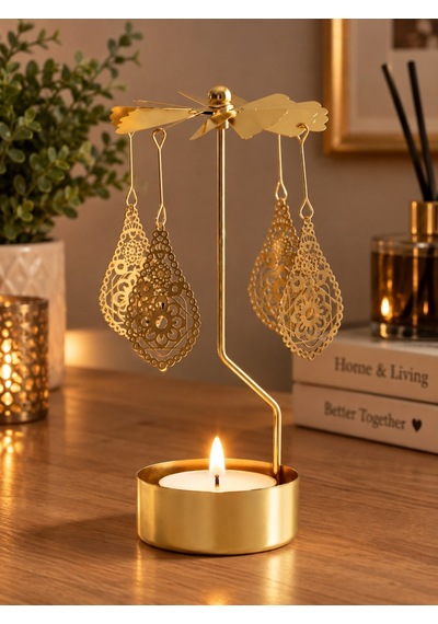 Altın Renkli Dekoratif Döner Tealight Mumluk Mandala Desenli Sallanan Süs Metal Şamdan Gold
