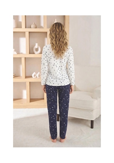 Pijamoni Kadın Sofya Kumaş Bisiklet Yaka Pijama Takımı Beyaz Siyah