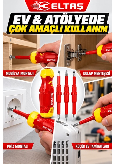 Eltaş 3 Parça Çift Taraflı Değiştirilebilir Tornavida Seti Yıldız & Düz Uçlu Pratik Tornavida
