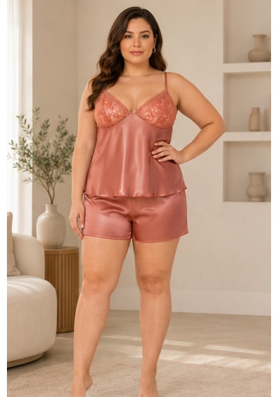 Loule Büyük Beden Bakır Dantelli İnce Askılı Şortlu Pijama Takımı Taba