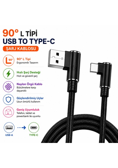 90 L Tipi Usb To Type-c Şarj Kablosu Kırılmaya Karşı Dayanıklı Diğer
