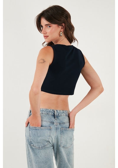 Lela Slim Fit Kalp Yaka Düğmeli Kalın Askılı Crop Bayan Yelek 5865497 Lacivert