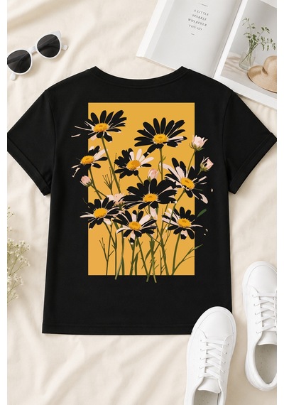 Spoyi Altın Bahar Tasarımlı %100 Pamuk Yarım Oversize Siyah T-shirt