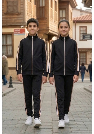 Pina Kids Erkek Çocuk Dik Yaka Üç Şeritli Şardonlu Dalgıç Eşofman Takımı Bej - Siyah