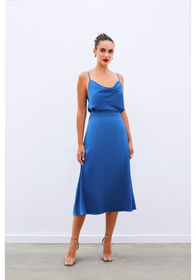 Sateen Midi Boy Saten Etek - İndigo Lacivert