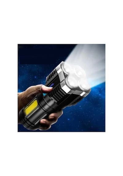 Ultra Parlak El Feneri Usb Şarj 4 Led+yan Cob Led Taktik Günlük Hayat Kamp Avcılık El Feneri Siyah
