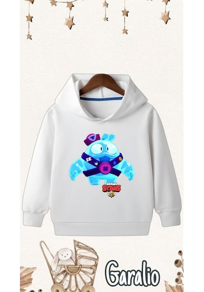 Startmore Brawn Stars Squeak Baskılı Kapüşonlu Çocuk Sweatshirt Beyaz