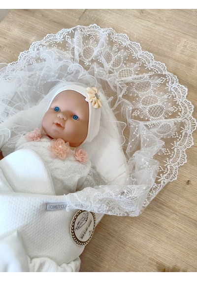 Ekru Kız Erkek Bebek Battaniyesi Kundağı %100 Pamuklu Dantelli Yenidoğan Hastane Çıkışı Mevlütlük Knd45255 Ekru