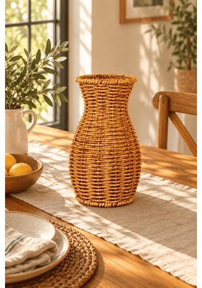 Atbyhome Doğal Hasır Rattan Çiçek Vazosu 26 Cm - Masa Üstü Dekoratif El Örgüsü Kuru Çiçeklik Ve Saksı Kahverengi