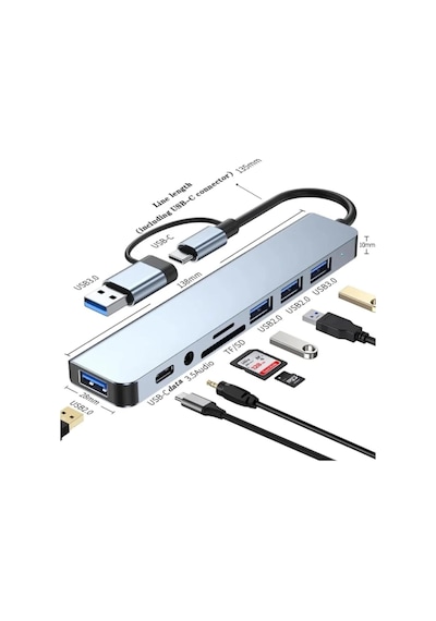8 İn 1 Usb Type-c Usb 2.0/3.0 Audio 3.5 Tf Sd Çevirici Adaptör Çok Portlu Çoklayıcı Usb Hub