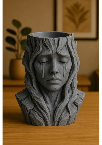 3d Baskı Ağlayan Kadın Büst Saksı - Sanatsal Dekoratif Saksı - Gri