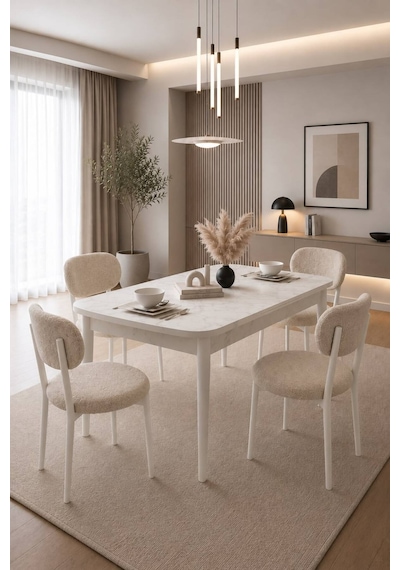 Renlife Açılır Yemek Masası Ve Sandalye Seti Metal Ayaklı 4 Sandalye + 80x130 Masa Beyaz Mermer Krem Renlife Açılır Yemek Masası Ve Sandalye Seti Metal Ayaklı 4 Sandalye + 80x130 Masa Beyaz Mermer Krem