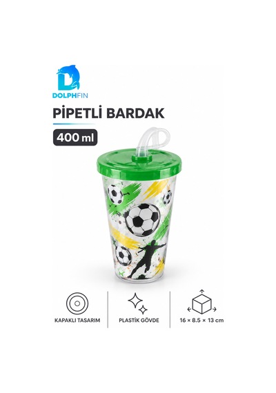 Desenli Pipetli Bardak 400 Ml Kapaklı Plastik İçecek Bardağı Çok Renkli