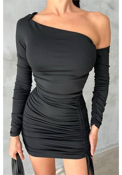 Dip Moda Kadın Siyah Tek Kol Büzgülü Mini Elbise Dpnbdf081 Siyah