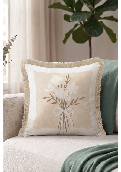 Çiçek Buketi Modern Saçaklı Yastık Kılıfı - Natürel Floral Bej Krem Vizon Püsküllü Kırlent Kılıfı Kadim Atlas Saten Çiçek Buketi Modern Saçaklı Yastık Kılıfı - Natürel Floral Bej Krem Vizon Püsküllü Kırlent Kılıfı Kadim Atlas Saten