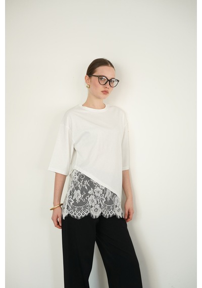 Verymoda D 2985 Dantel Detaylı Çizgili T Shırt D2985 Krem