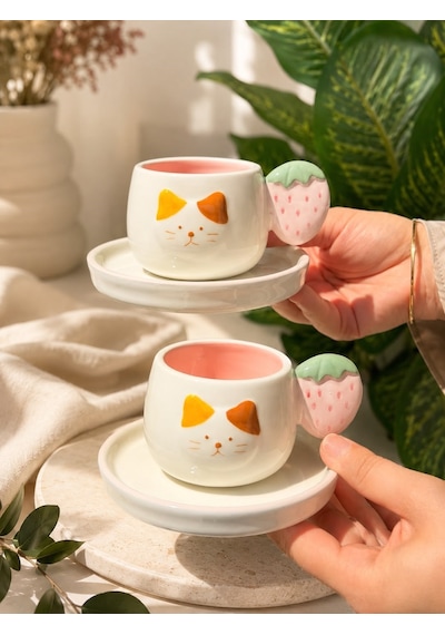 2 Kişilik Berry Cat Porselen Kahve Fincanı Takımı 90 Ml-7488 Çok Renkli