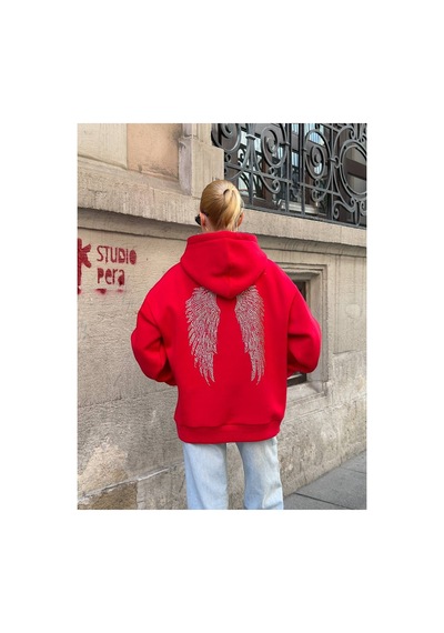 Zdnjeans Kadın Taşlı Kanat Baskılı Oversize Kapüşonlu Sweatshirt Kırmızı