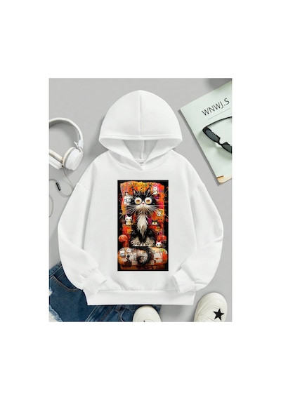 Stil X Sevimli Kediler Baskılı Kapüşonlu Çocuk Sweatshırt Beyaz-5