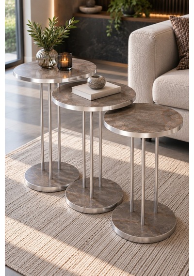 Sulorahome Mor Ve Gümüş Metal Ayaklı 3'lü Zigon Sehpa Takımı