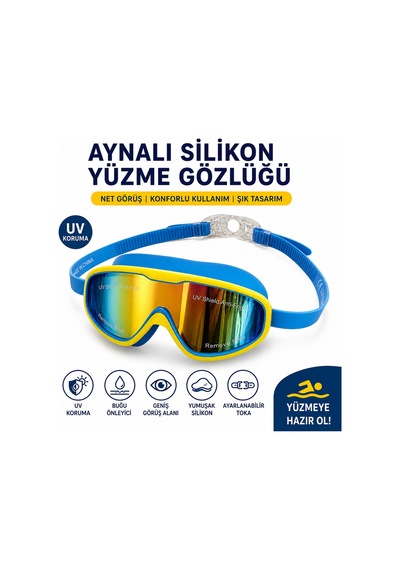 Aynalı Yüzme Gözlüğü Silikon Uv Korumalı Önleyici Şık Tasarım Ayarlanabilir Yapı Mavi