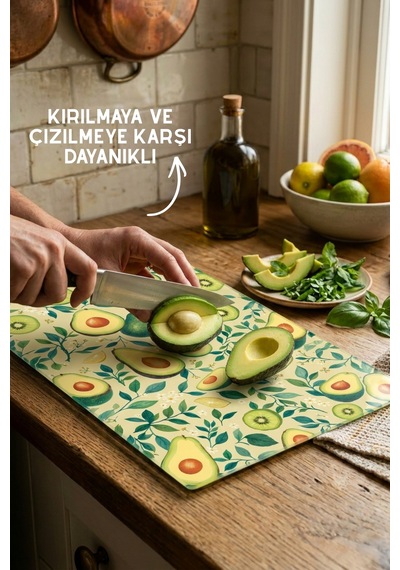 Avokado Desenli Cam Kesim Tahtası - 25x35cm -dayanıklı Ve Pratik Kesim Matı Yeşil