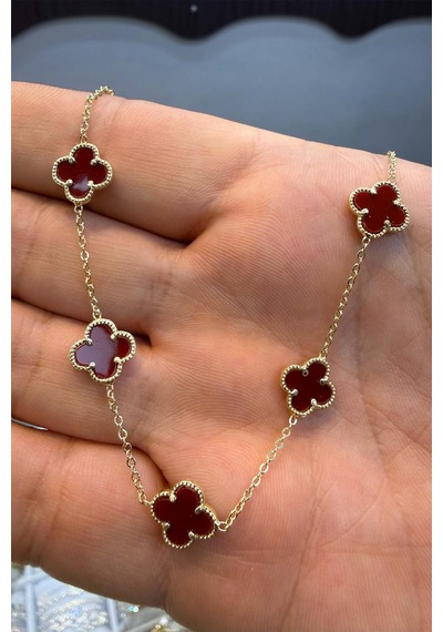 5 Li Bordo Yonca Kolye 45 Cm Altın