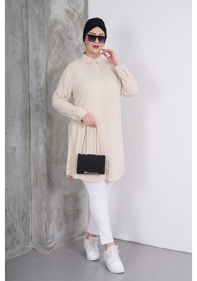 Polologin Butik Açık Bej Klasik Gömlek Tunik Bej