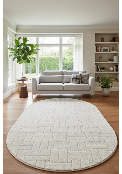 Salon Halısı Krem Kaymaz Taban Yumuşak Oval